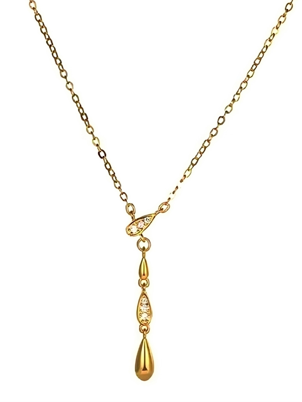 Minimalist Matte Gold CZ Teardrop Lariat Style Pendant Necklace 18"; NWOT